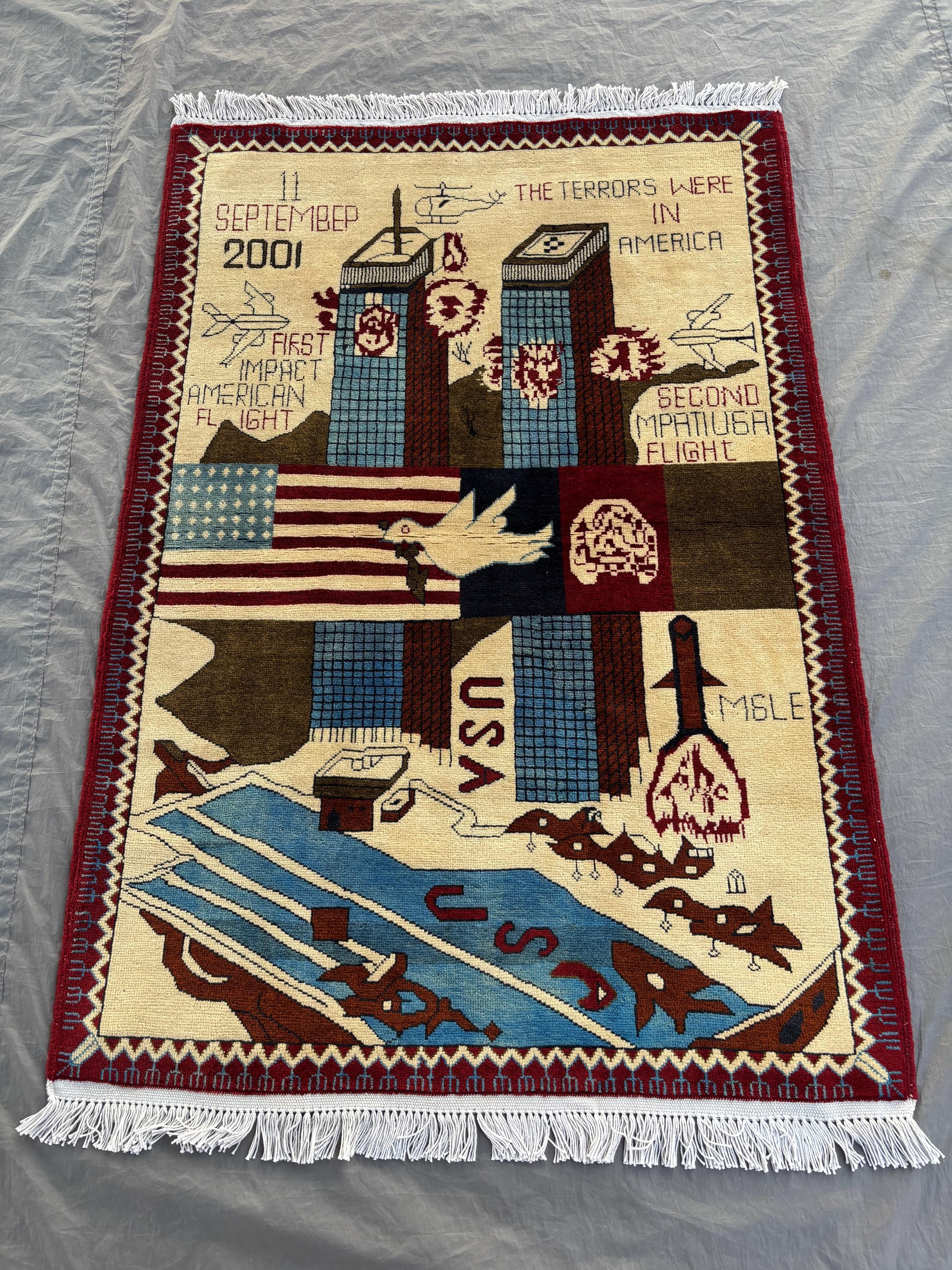 3.4x4.11 Ft Afghan Hand-Knotted Modern Soft Pile Rug, One of a Kind Small Area Decor, Pictorial War Rug, 9/11