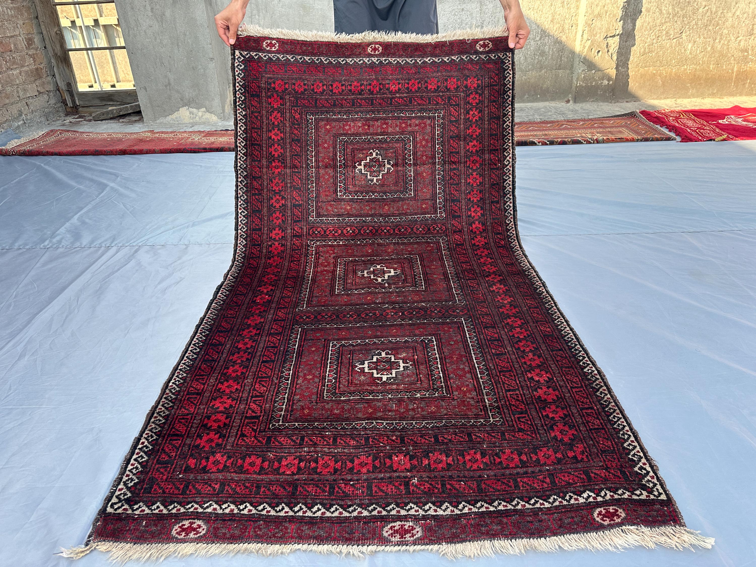 3x6 Afghan Tribal Rug – Hand-Knotted Ersari Wool Carpet, Vintage Turkmen Geometric Red & Black Area Rug, Unique Boho Home Décor, Kitchen rug