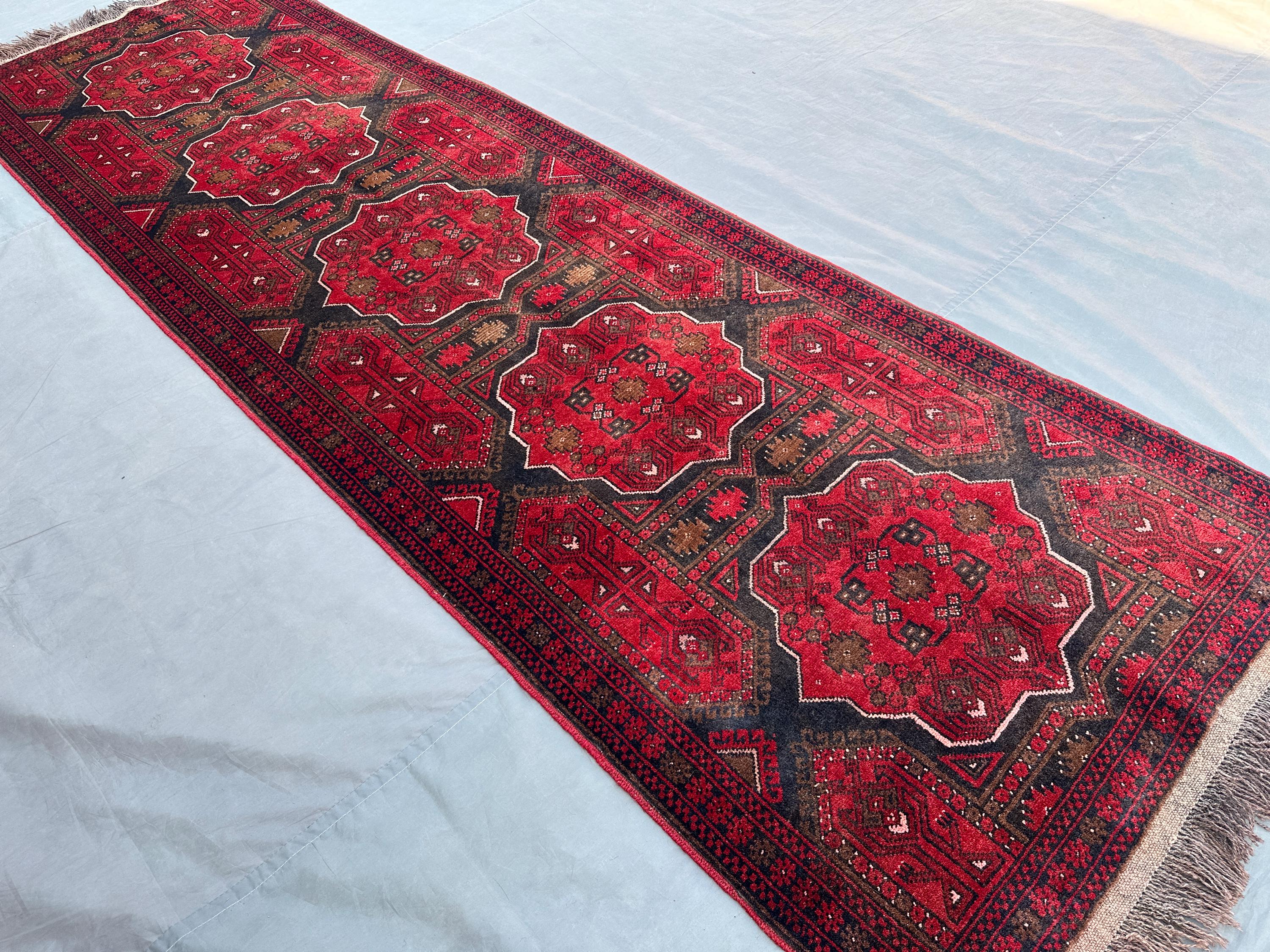 3x10 Vintage Afghan Turkmen Runner Rug, Hand-Knotted Wool Carpet | Tribal Geometric Hallway Rug | Red & Black Entryway Rug | Handmade Rug