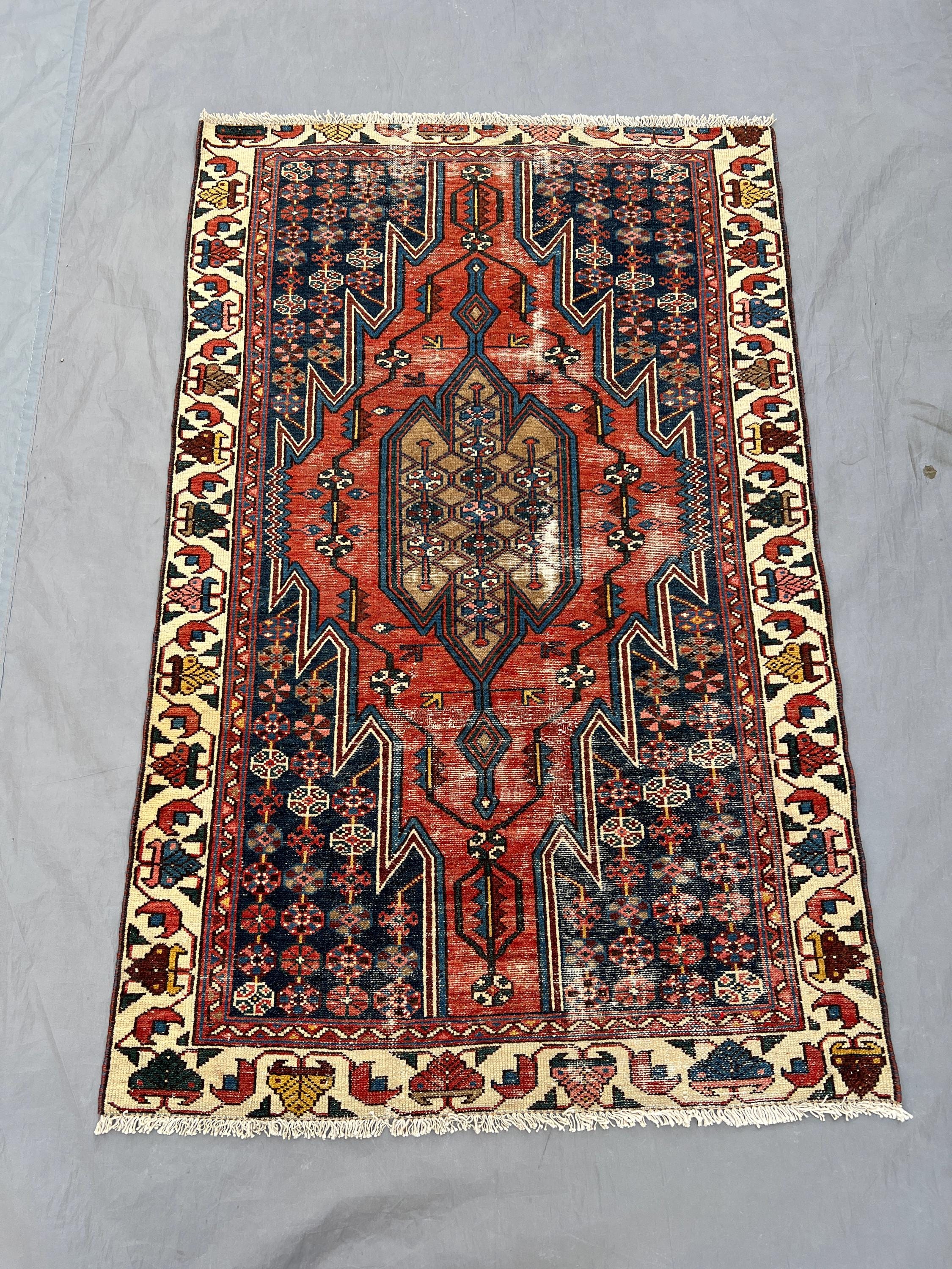 3 x 5 Afghan Hand-Knotted Vintage Rug Low Pile Balochi Design One-of-a-Kind Small Area Rug Tribal Wool rug Red and Blue | Living room decor