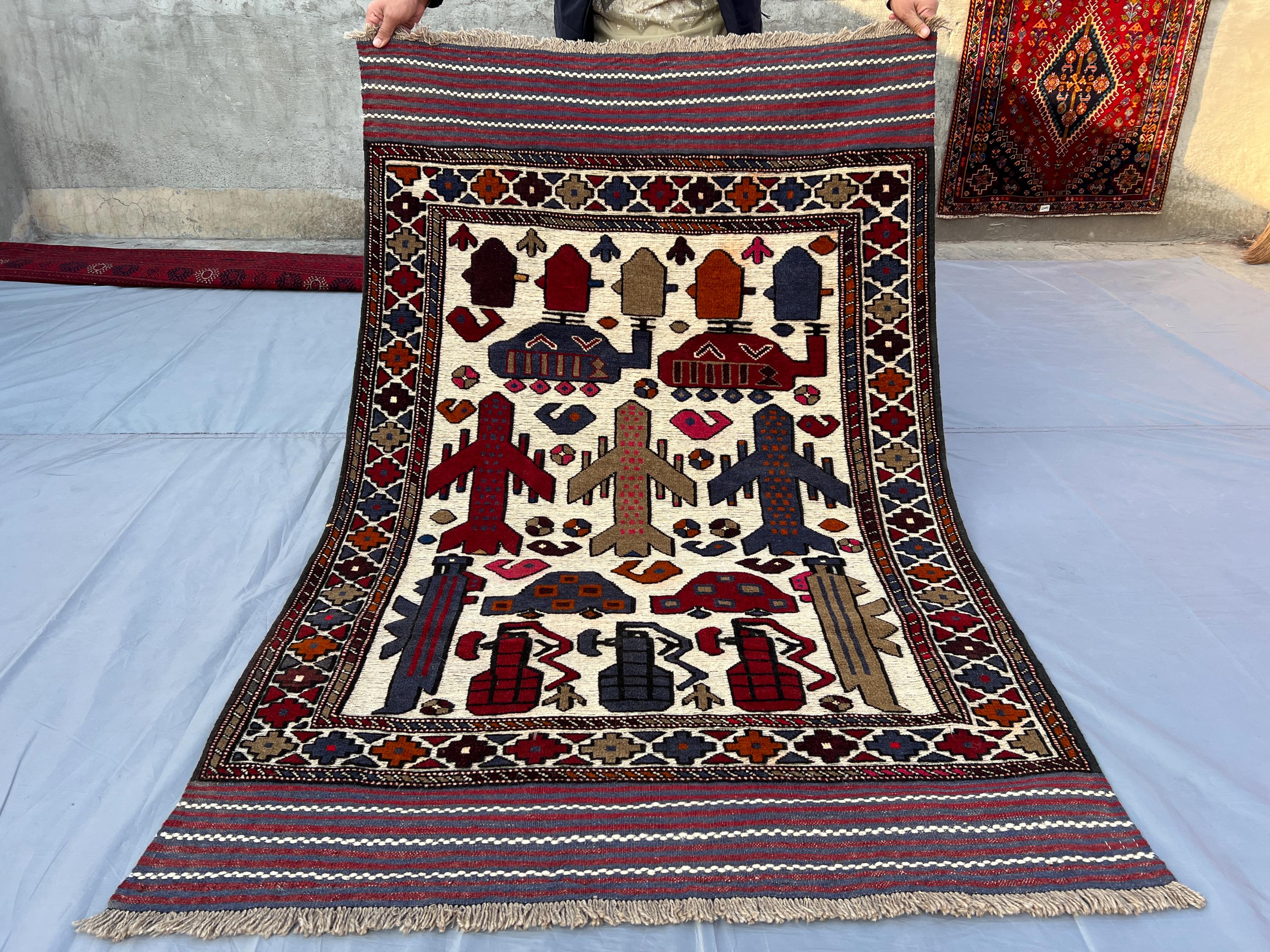 Afghan Baluch Tribal War Rug – Handmade Pictorial Wool Carpet – Vintage 1980s War Motif Decor Piece for Collec