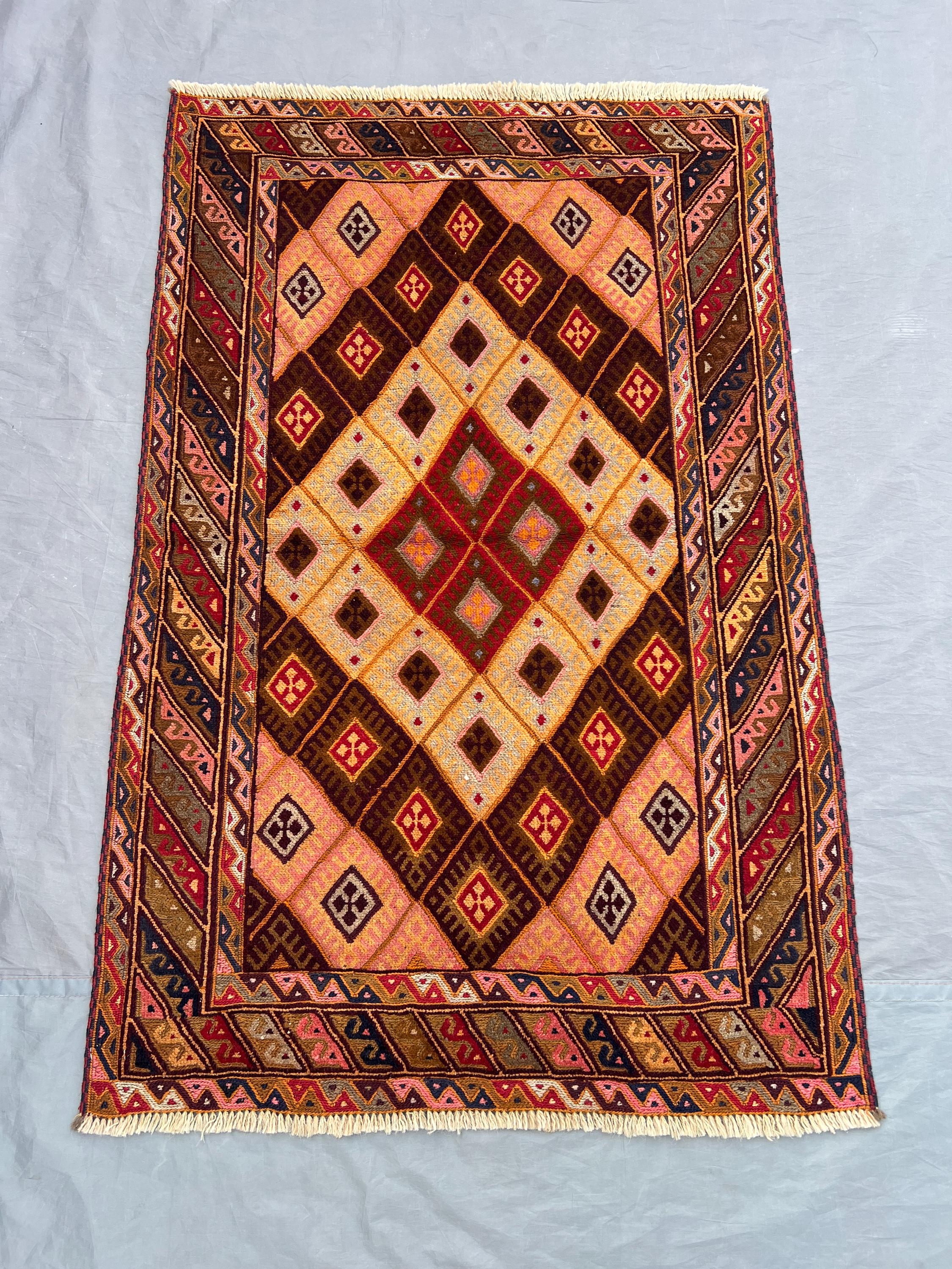 3x4 Afghan Hand Knotted Vintage Sumak Design Tribal Wool rug, Geometric Pattern Oriental Style Unique One of a Kind Decor | living room rug