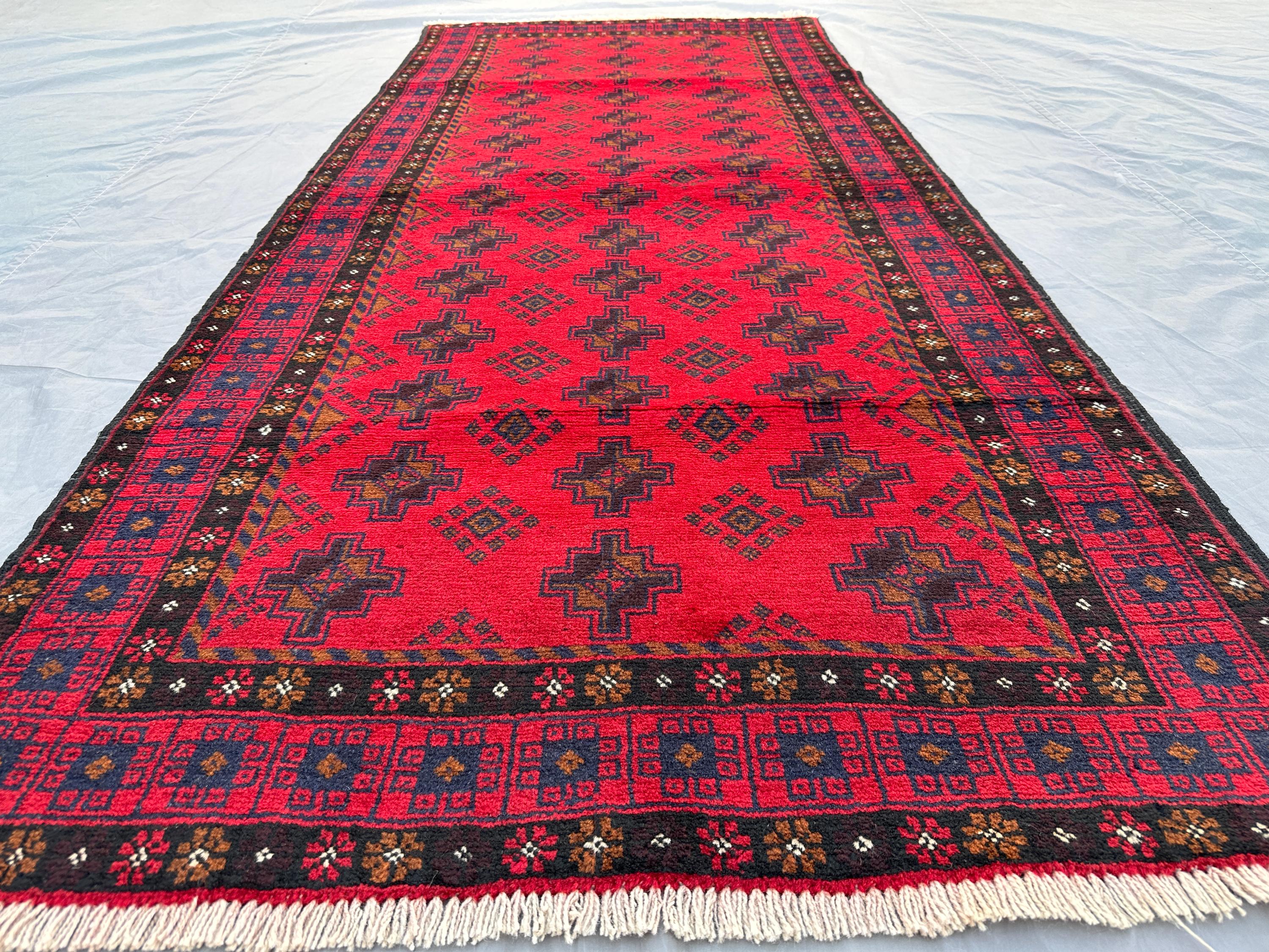 Vintage Afghan Baluch Runner Rug 3x7 Tribal Turkmen Mowri Design | Nomadic Fine Wool Carpet | Unique Hallway R