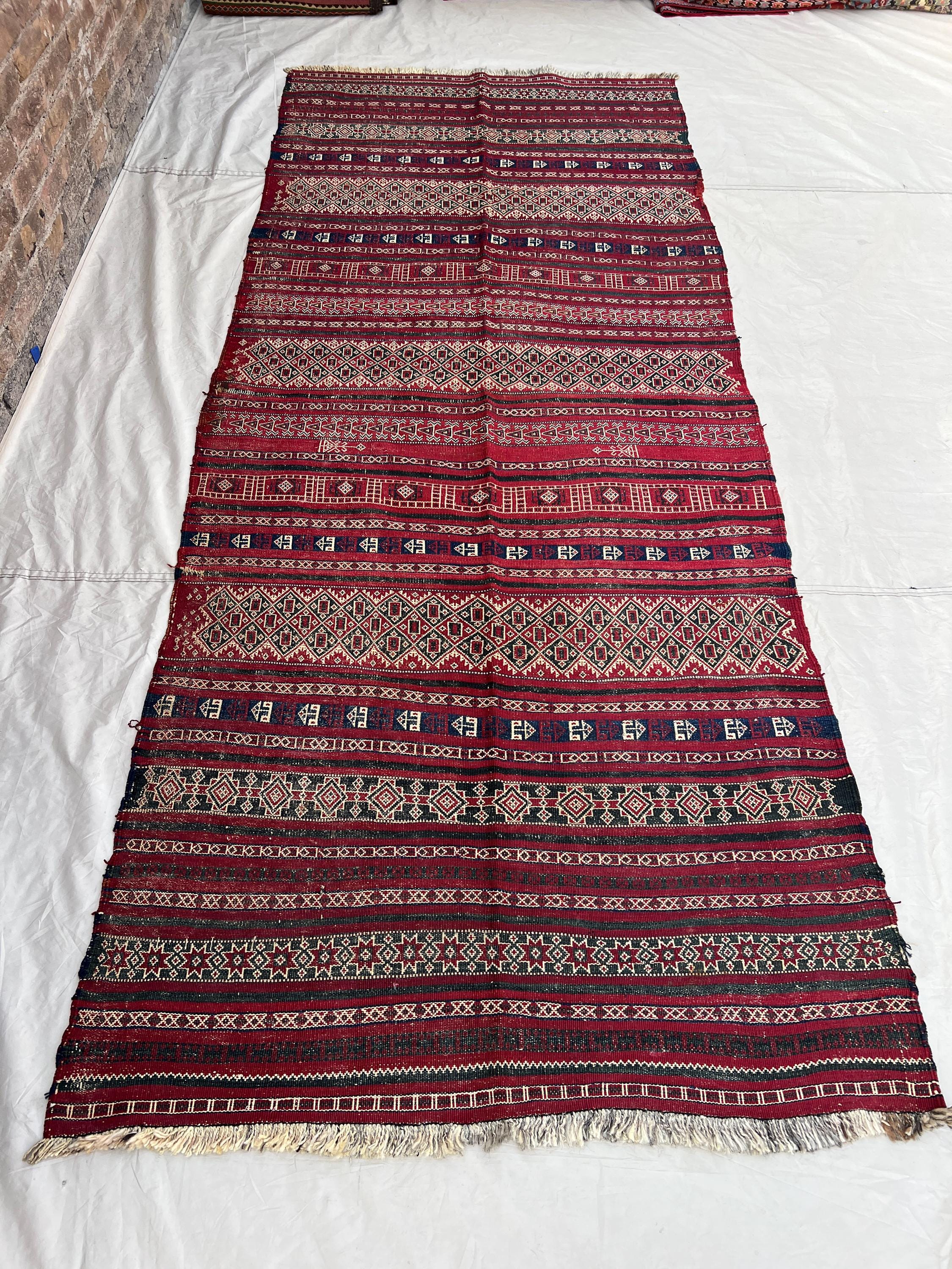 4x10 Vintage Afghan Flat Woven Soumak Wool Kilim Red Navy Green Stripe Geometric Diamond Star Tribal Boho Living Room Hallway Carpe