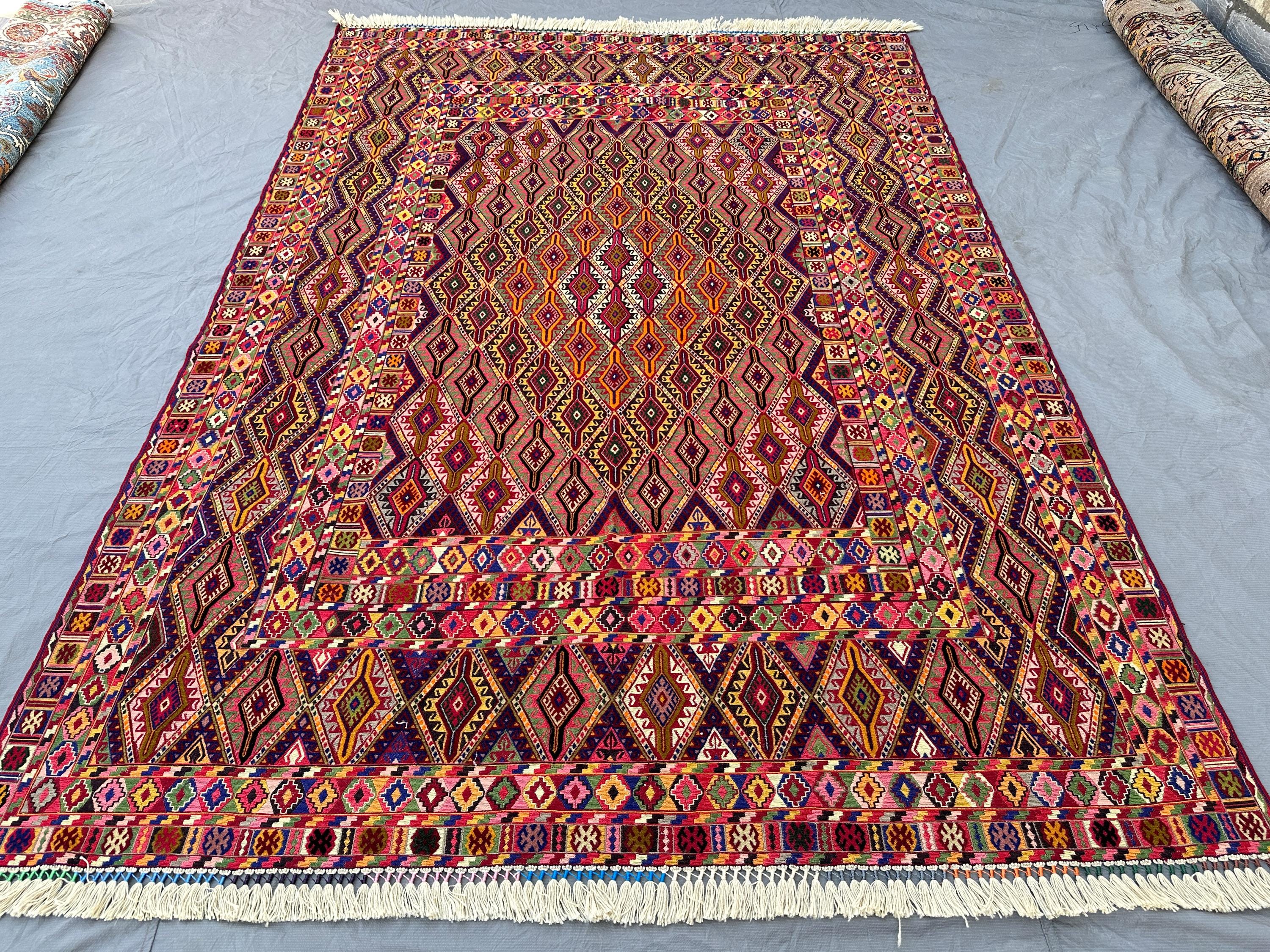 Fine Quality Multicolor Afghan Mishwani Kilim Rug 9x7, Handwoven Wool Flatweave Rug, Vibrant Diamond Lattice D