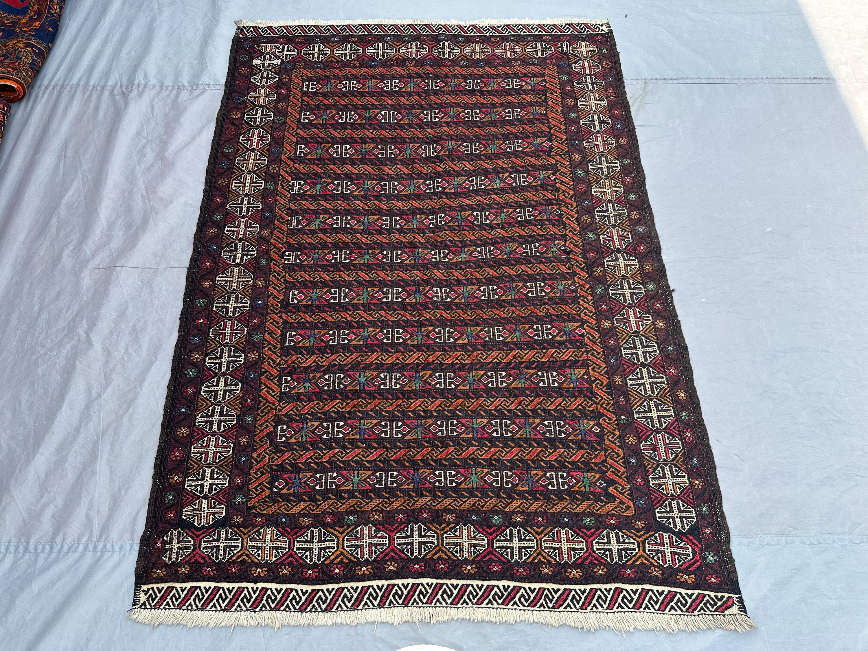 4'4 x 6'2 ft Vintage Afghan Rug, Hand Woven Kilim Rug, Tribal Geometric Flatweave Boho Decor, Oriental Handmade rug, Living Room Rug