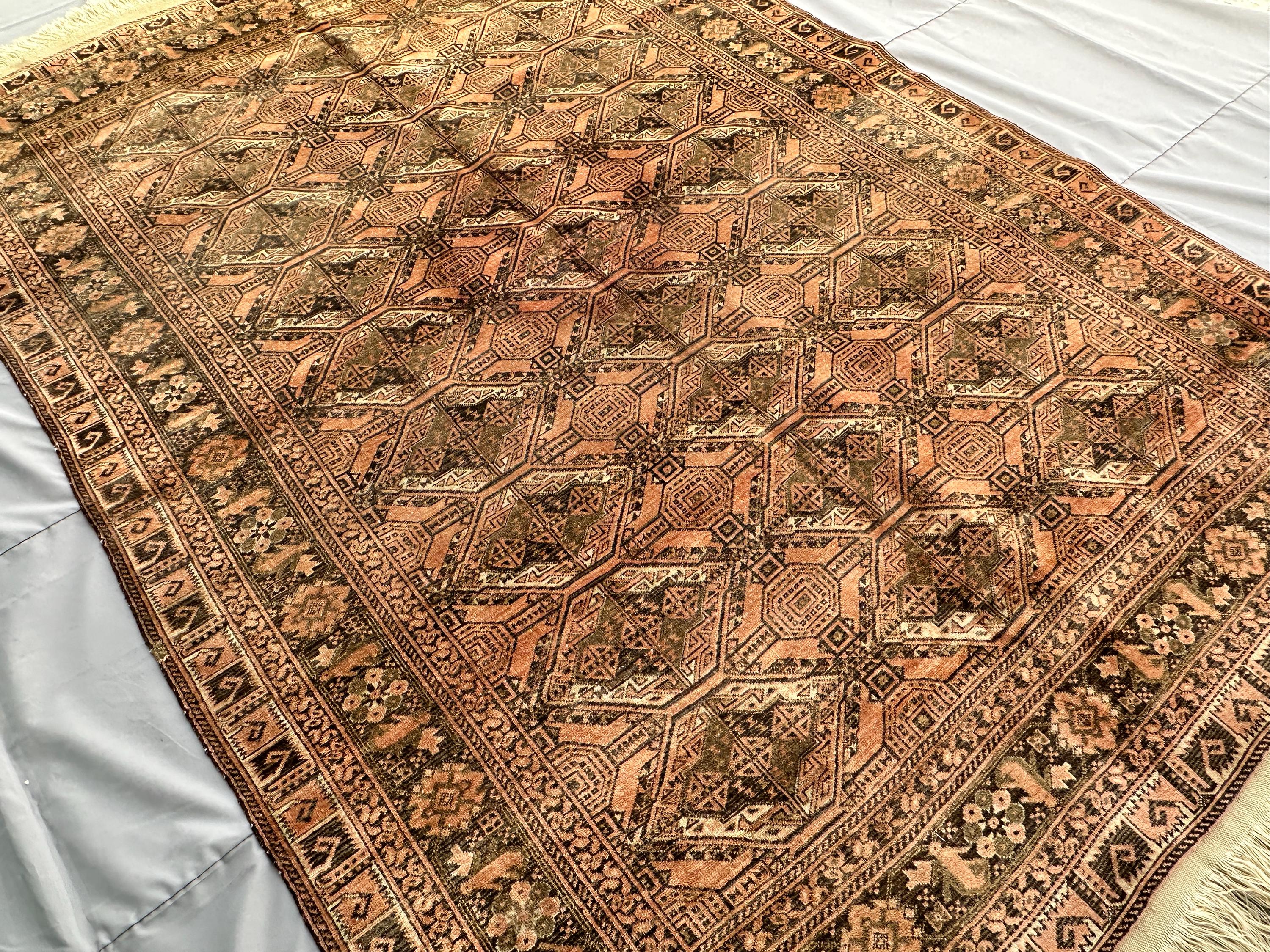 1970s Antique Afghan Ersari Rug 9x6 Hand-Knotted Wool Carpet Coral Pink Tribal Diamond Lattice Design Vintage