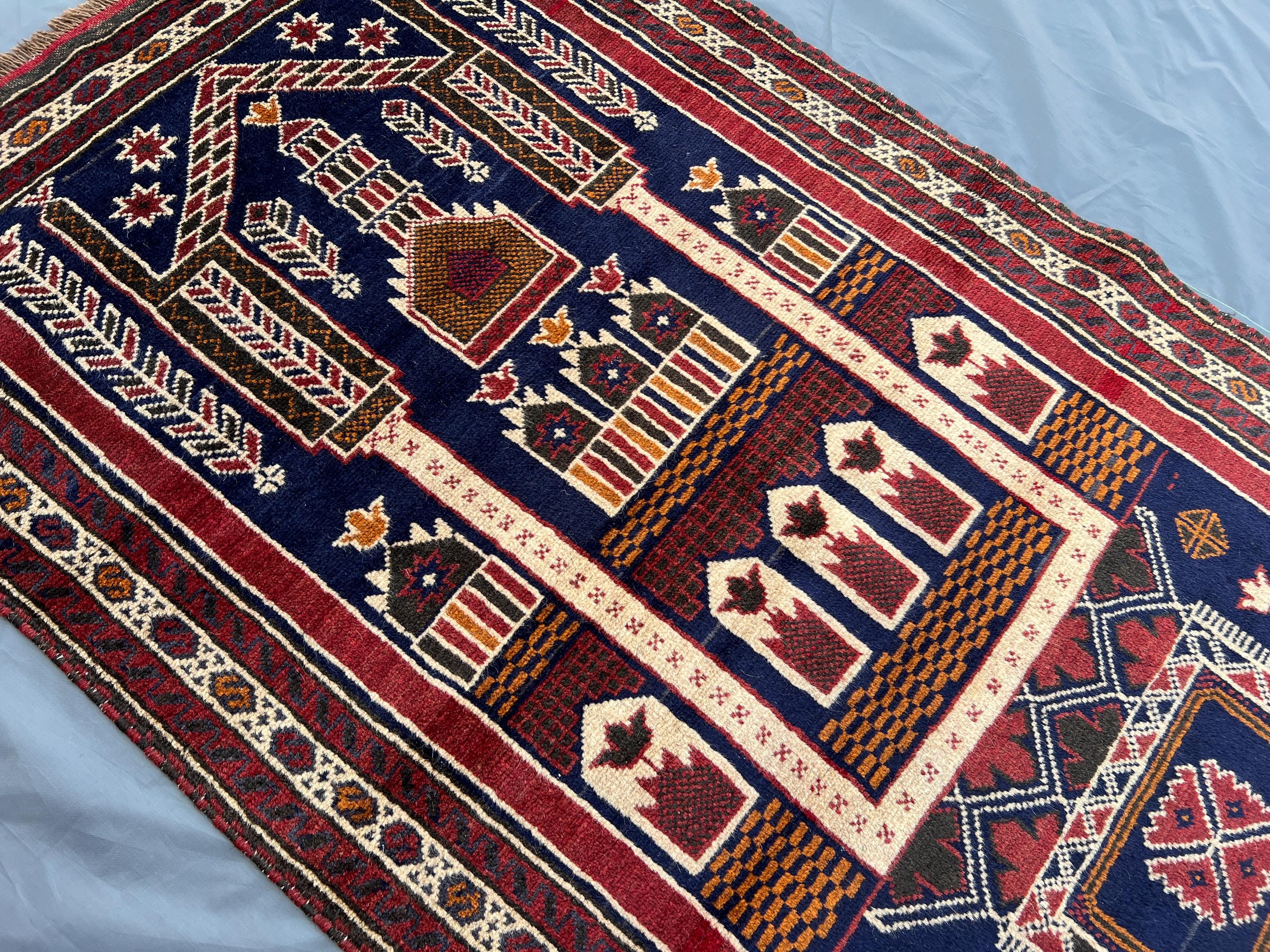 Antique Afghan Prayer Rug 3x5 | Handmade Wool Islamic Mat | Geometric Mosque Design | Tribal Boho Accent Rug |