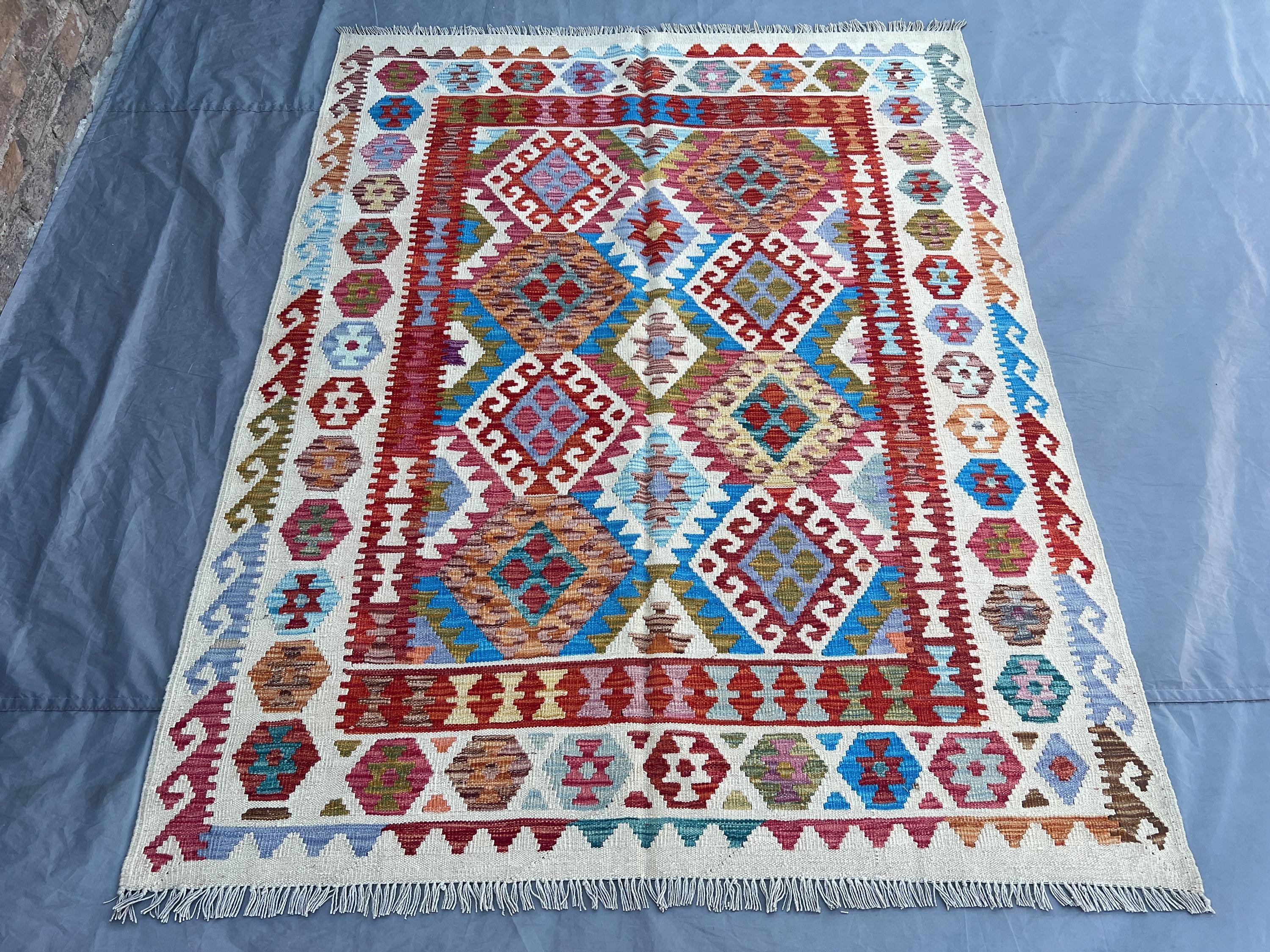 Afghan Kilim Rug 5x7 | Flat Weave Wool Area Rug | Handwoven Tribal Carpet | Colorful Boho Decor | Geometric Living Room Rug, Bedroom Rug