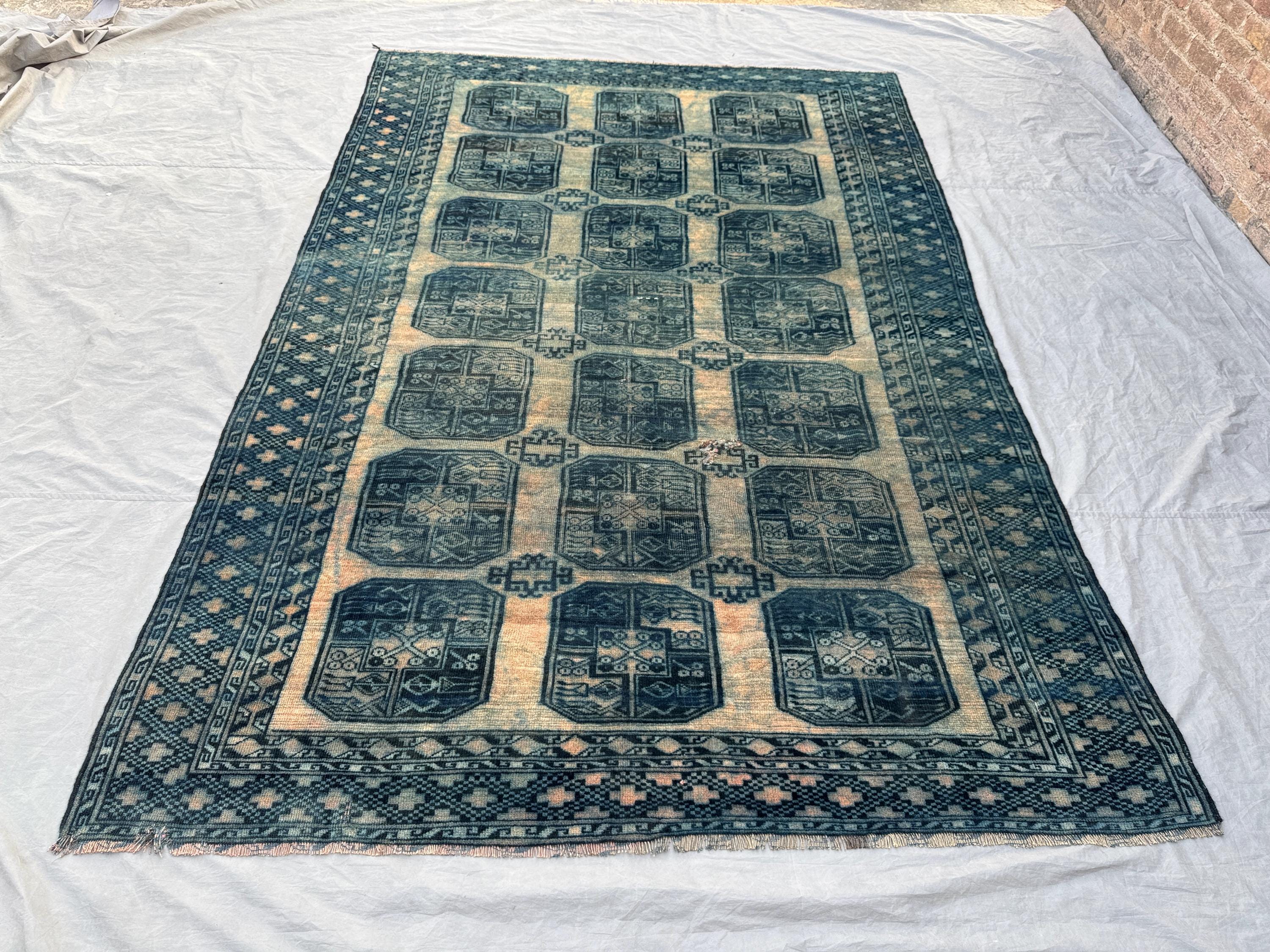 Large 7 x 10 ft Afghan hand knotted vintage terracotta faded soft pile rug, one of a kind Turkoman Bokhara design area decor