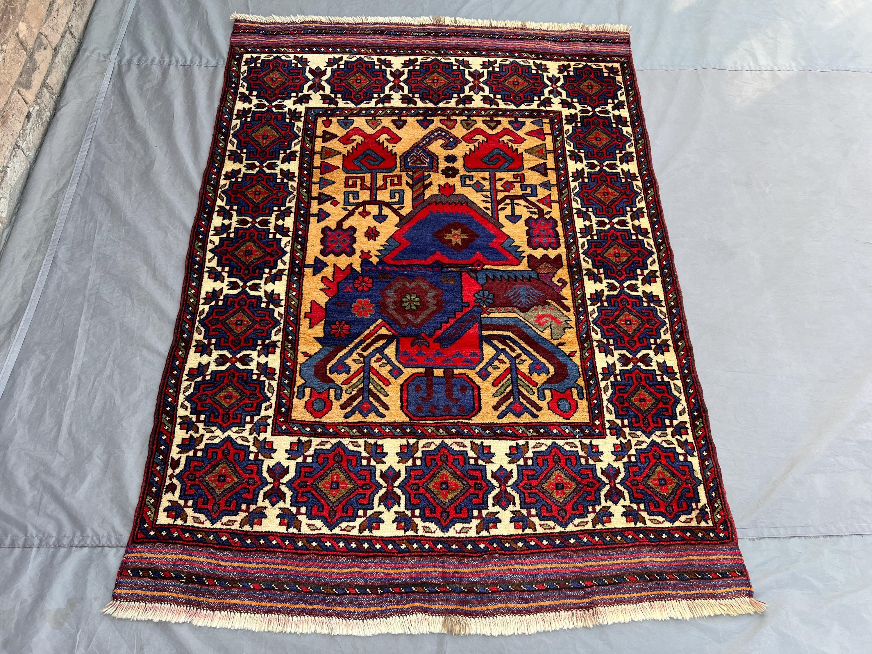 Vintage 4.3x6 ft Afghan Baluchi Rug | Hand Knotted Tribal Wool Carpet | Bold Nomadic Design | Red Blue Ethnic 