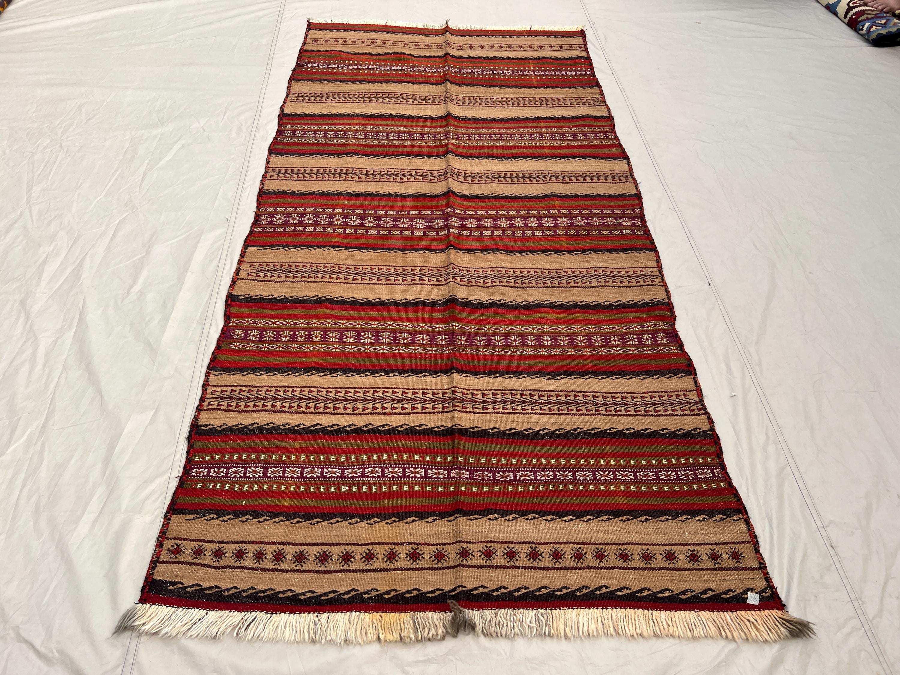 4'4x8'10 Ft Antique Afghan Tribal Kilim Handwoven Wool Flatweave Striped Geometric Camel Red Multicolor Area Rug | Living Room Bedroom Decor