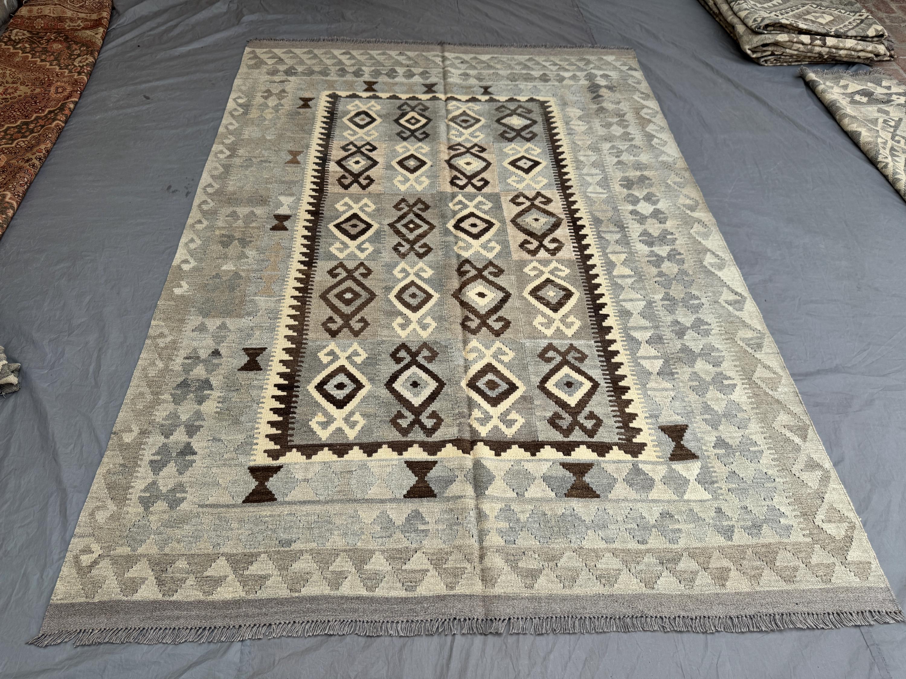 7 x 10 ft Afghan Vintage Hand Woven Kilim Rug Large Area Faded Maimana Design One-of-a-Kind Tribal Flat Weave | Bedroom decor