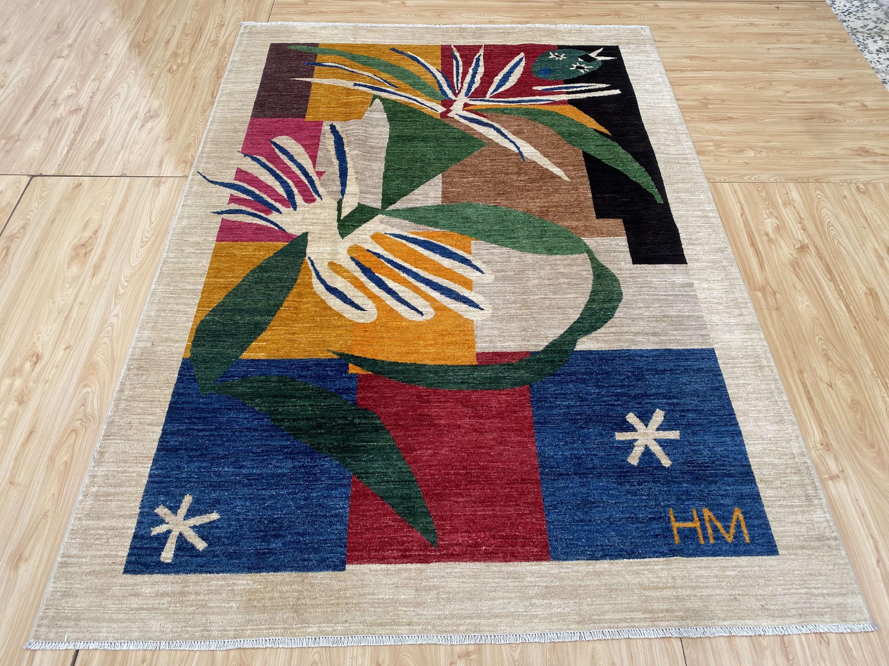 Colorful Abstract Wool Rug | Hand Knotted Afghan Modern Art 5x8 Area Rug | Multicolor Botanical Floral Eclectic Living Room Statement Carpet