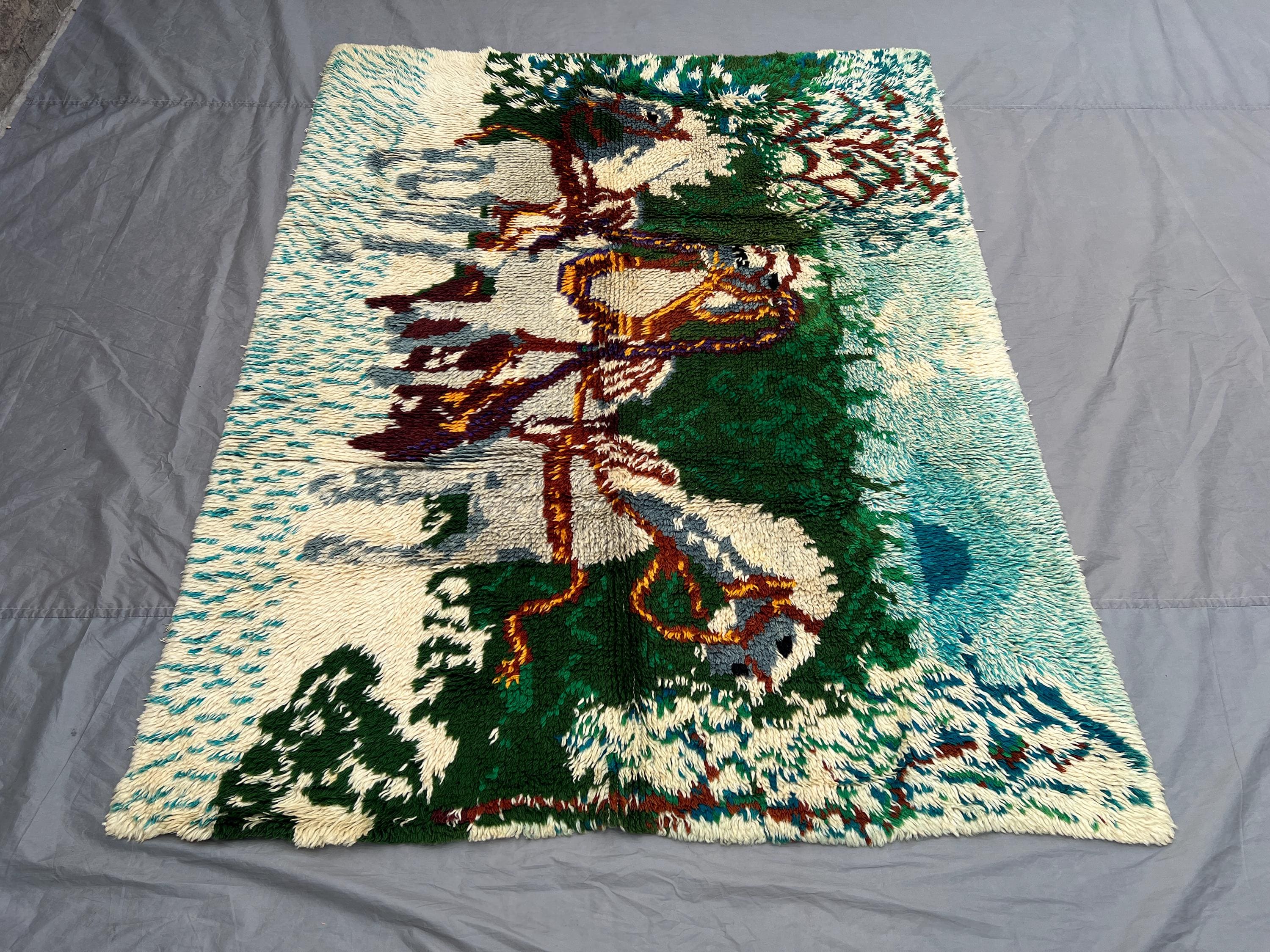 Vintage Moroccan Hand Knotted Rug 5'1x6'9 ft | Full Pile | Pictorial Horse Design | Colorful Wool Carpet for L