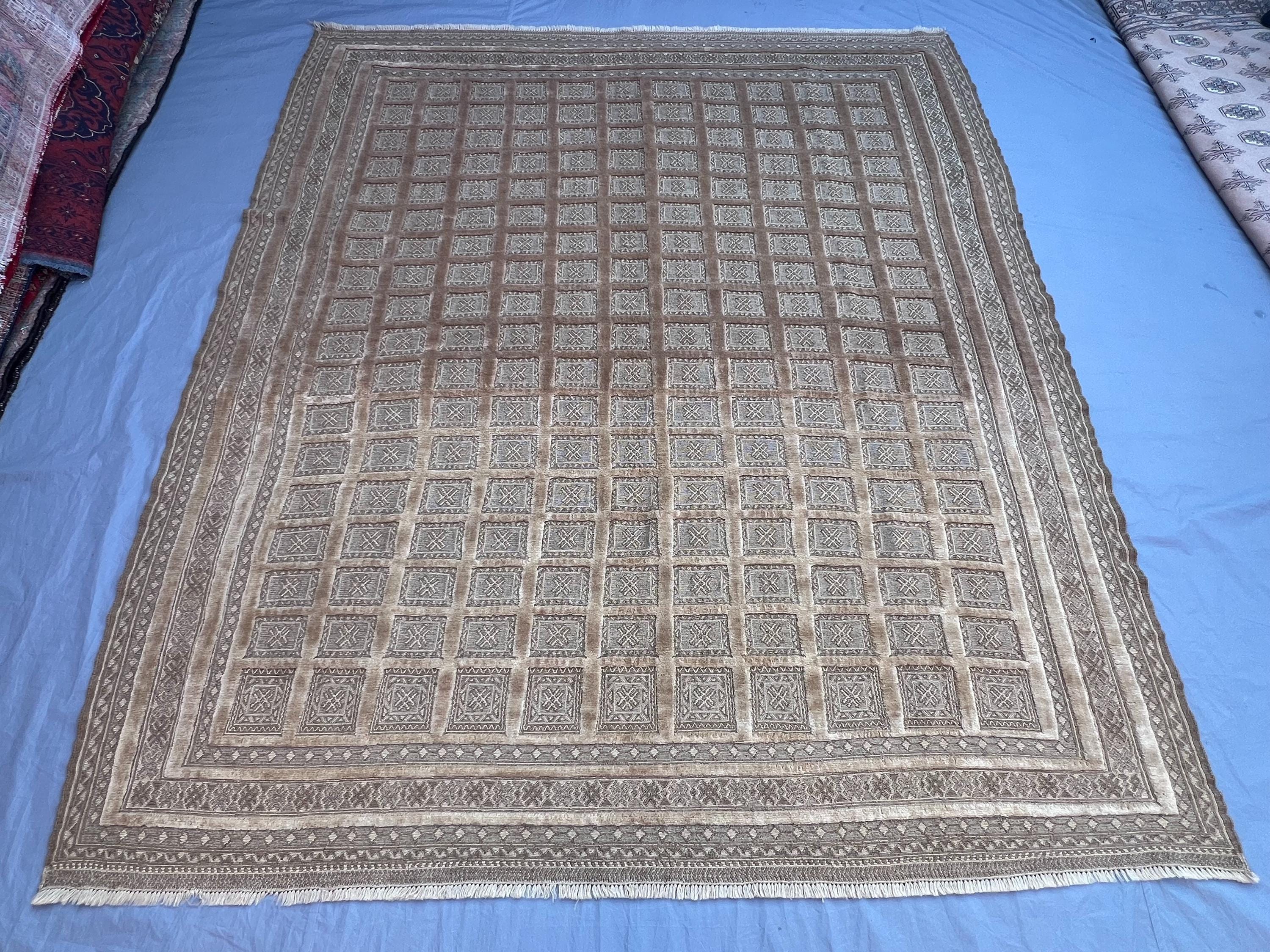 Vintage Afghan Kilim Rug, Handwoven, Geometric Pattern, Soft Beige & Brown, Cozy Home Decor, 7'3" x 8'7" (221