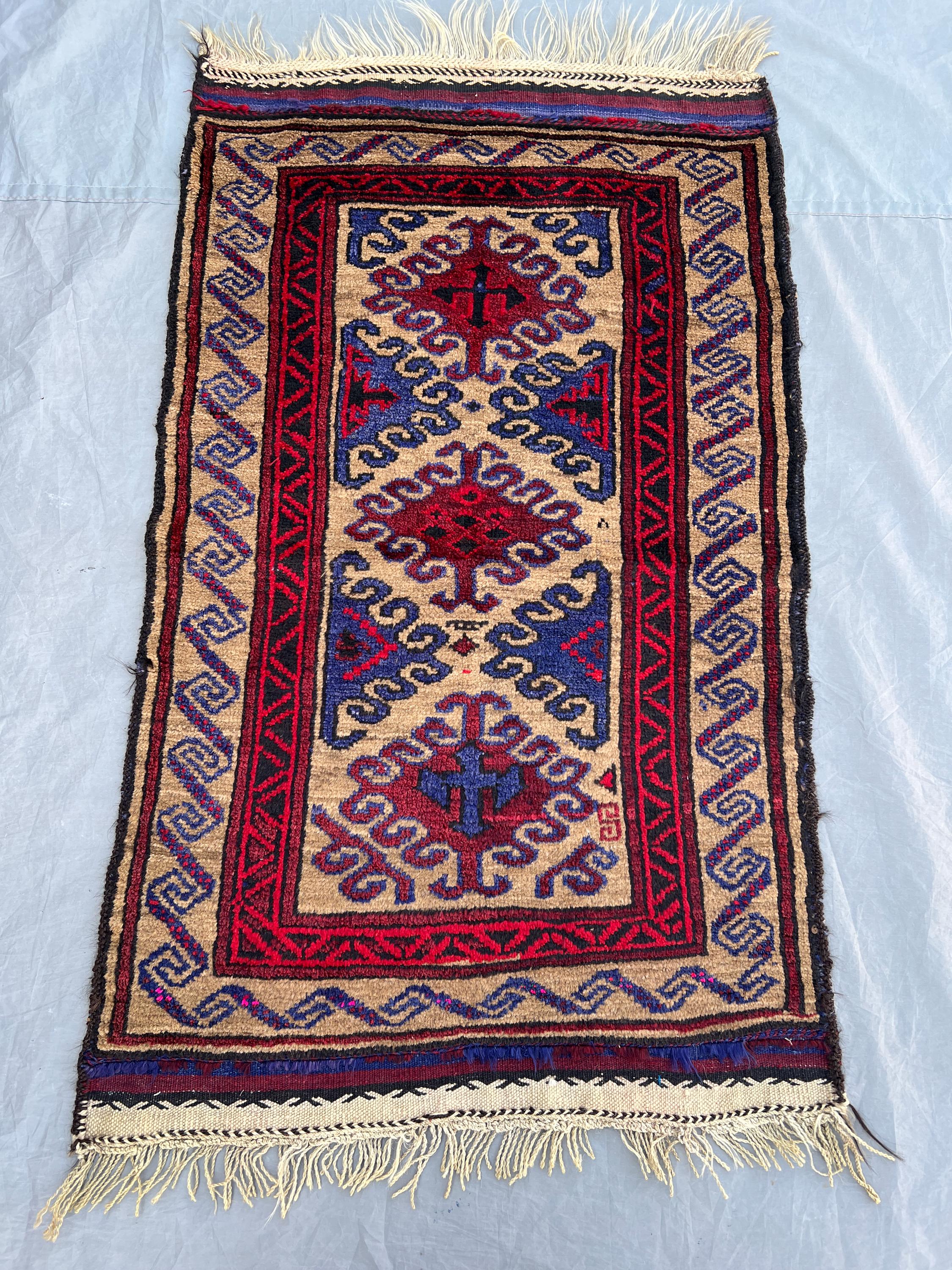 2'5x4 ft Vintage Afghan Rug – Geometric Design, Red & Blue Tribal Motifs, Handmade, Boho Home Decor, Cozy Living Room Accent, Decorative Rug