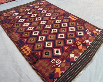 5'1x7'7 ft Antique 1940s Handmade Kilim Rug Afghan Flat Weave Wool Carpet Tribal Geometric Area Rug Vintage Decor Bold Diamond Pattern Rug