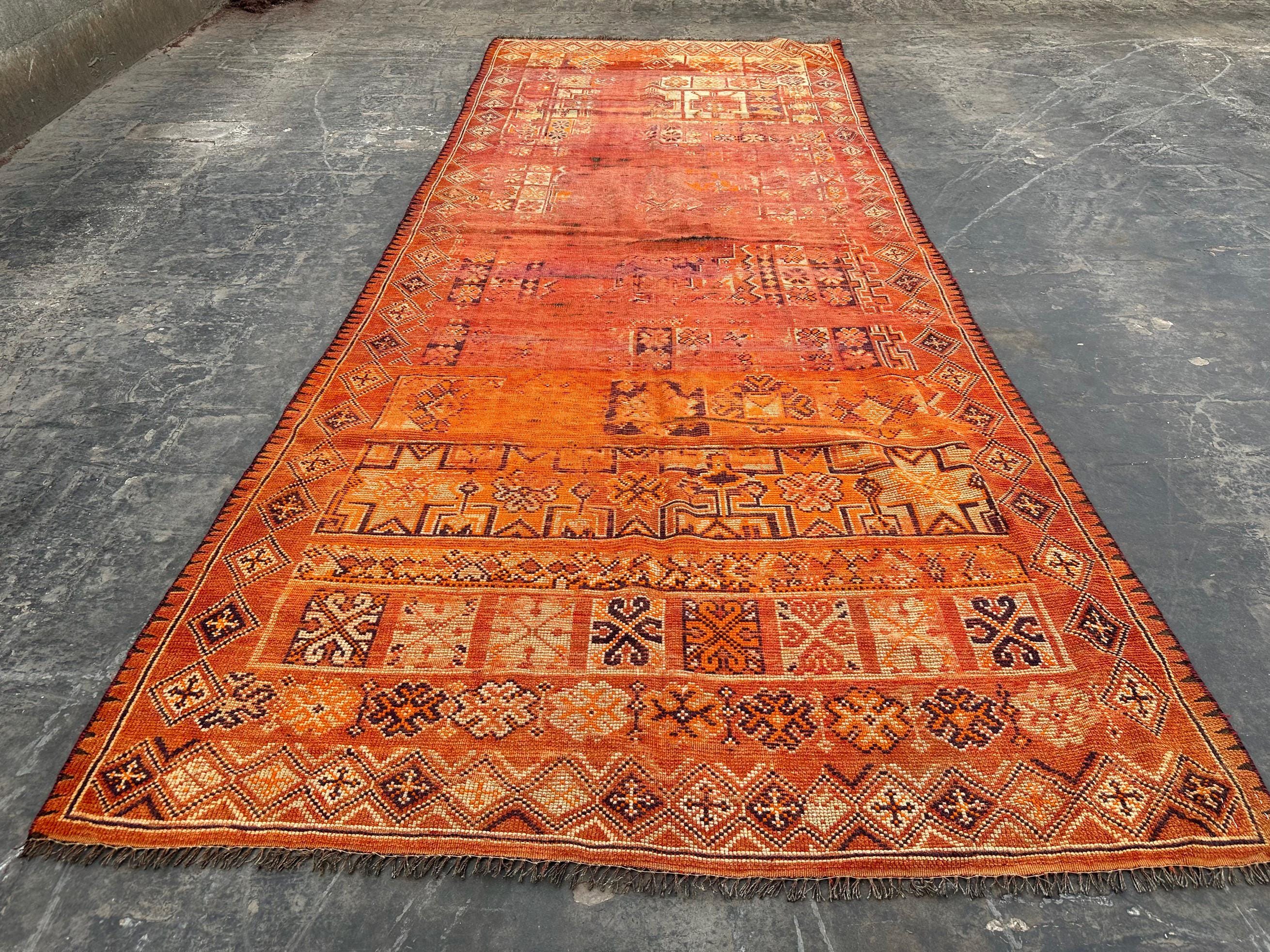 3'10x9'5 ft Semi Antique Caucasian Style Tribal Wide Runner Rug Afghan Handmade Hallway Wool Rug, Orange Runner rug, moroccan runner rug