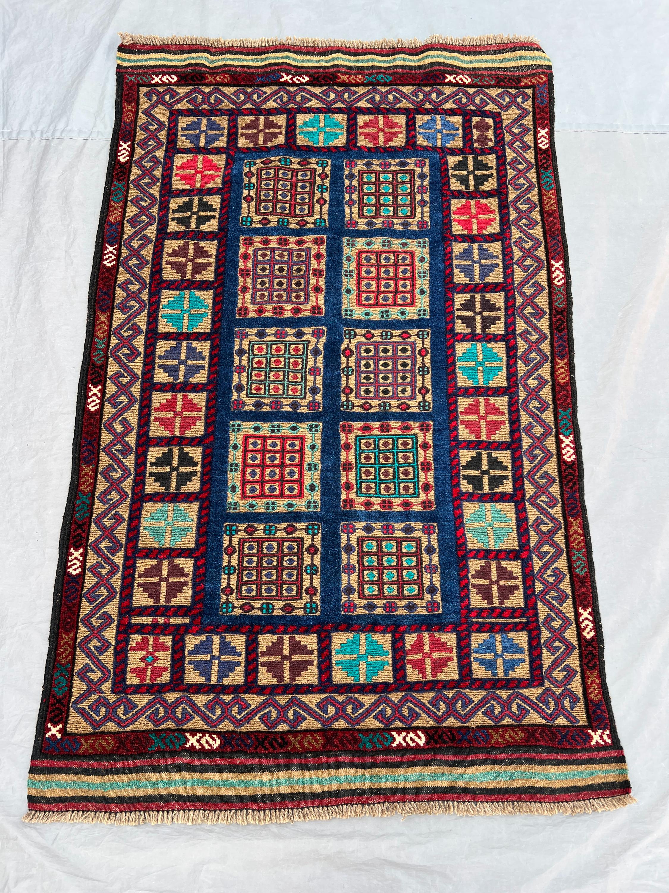 3x4'3 Vintage Afghan Wool Pile Rug Hand-Knotted Grid Panel Dot Cross Motif Navy Camel Teal Red Multicolor Accent Rug | Living Room Bedroom
