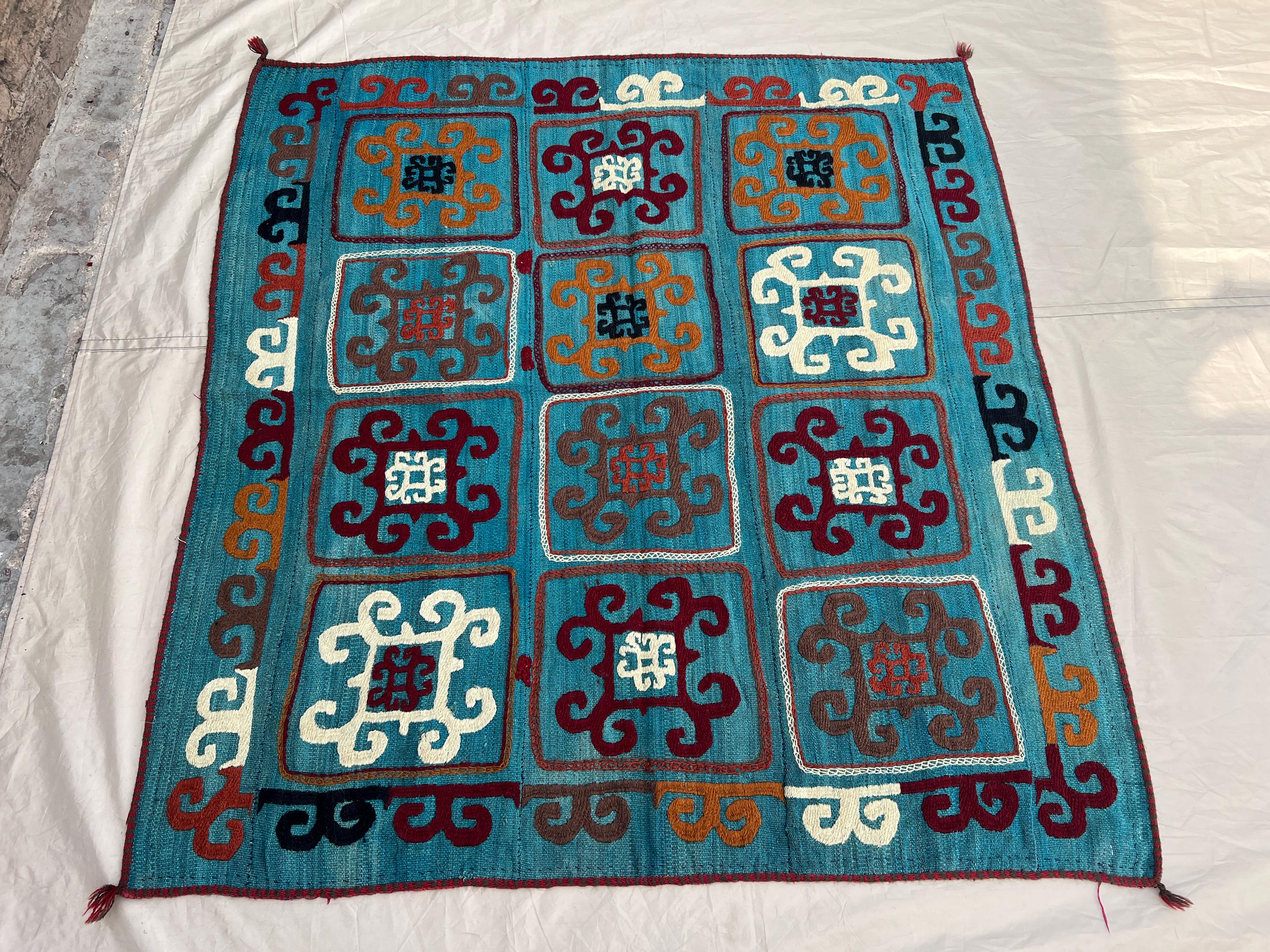4'2x4'7 ft Vintage Afghan Kilim Rug, Handmade Flatweave Wool Rug, Tribal Square Panel Kilim, Blue Accent Rug, Boho Home Decor