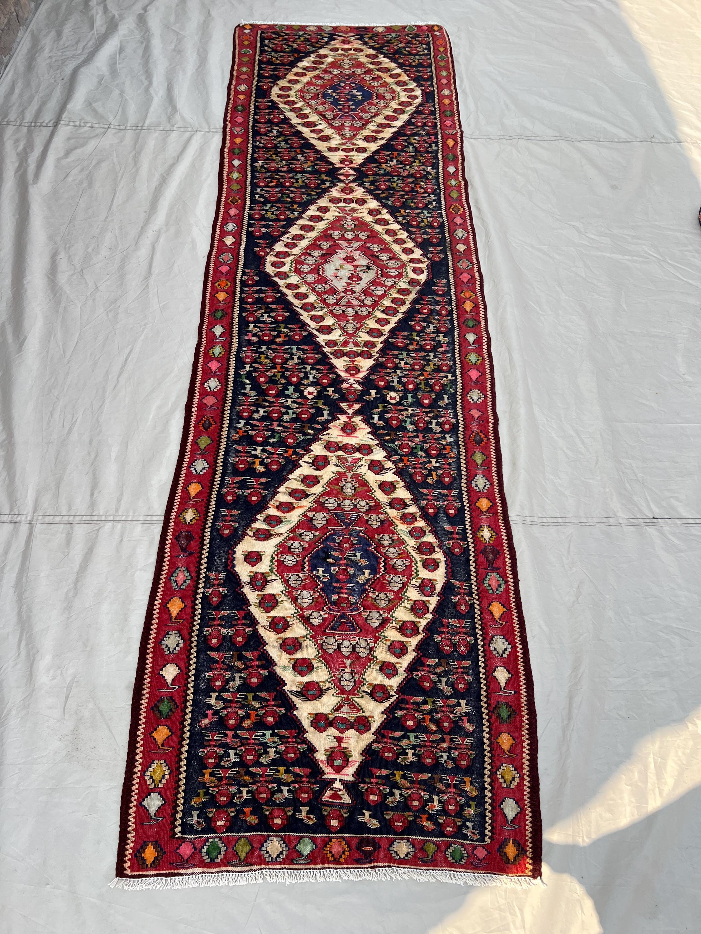 2'8x8'6 Vintage Afghan Senneh Kilim Runner Flatweave | Navy Red Ivory Triple Medallion | Handwoven Wool Rug for Hallway Kitchen Staircase
