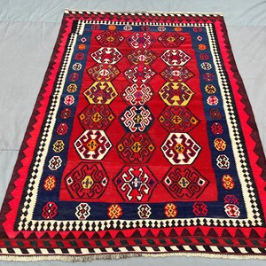 5&#39;4x7&#39;7 ft Vintage Turkish Tribal Kilim Rug | Geometric Wool Pattern | Navajo Design | Afghan Sumak Area Rug, Living Room Rug, Bedroom Rug
