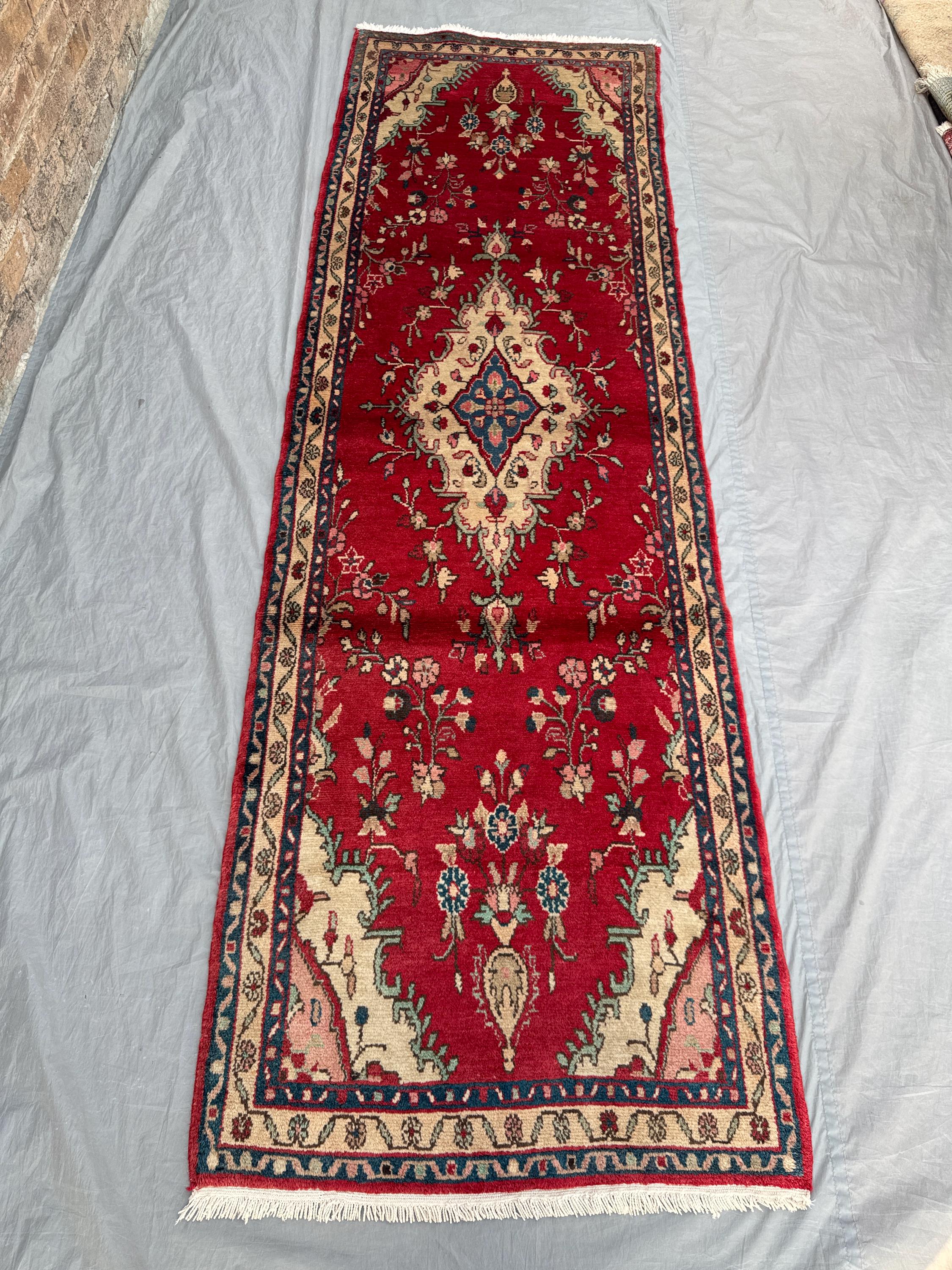 Red 2'10 x 8'10 Ft Vintage Turkish Hand Knotted Runner Rug Floral Medallion Wool Hallway Corridor Runner Entryway Hallway, Corridor, Kitchen