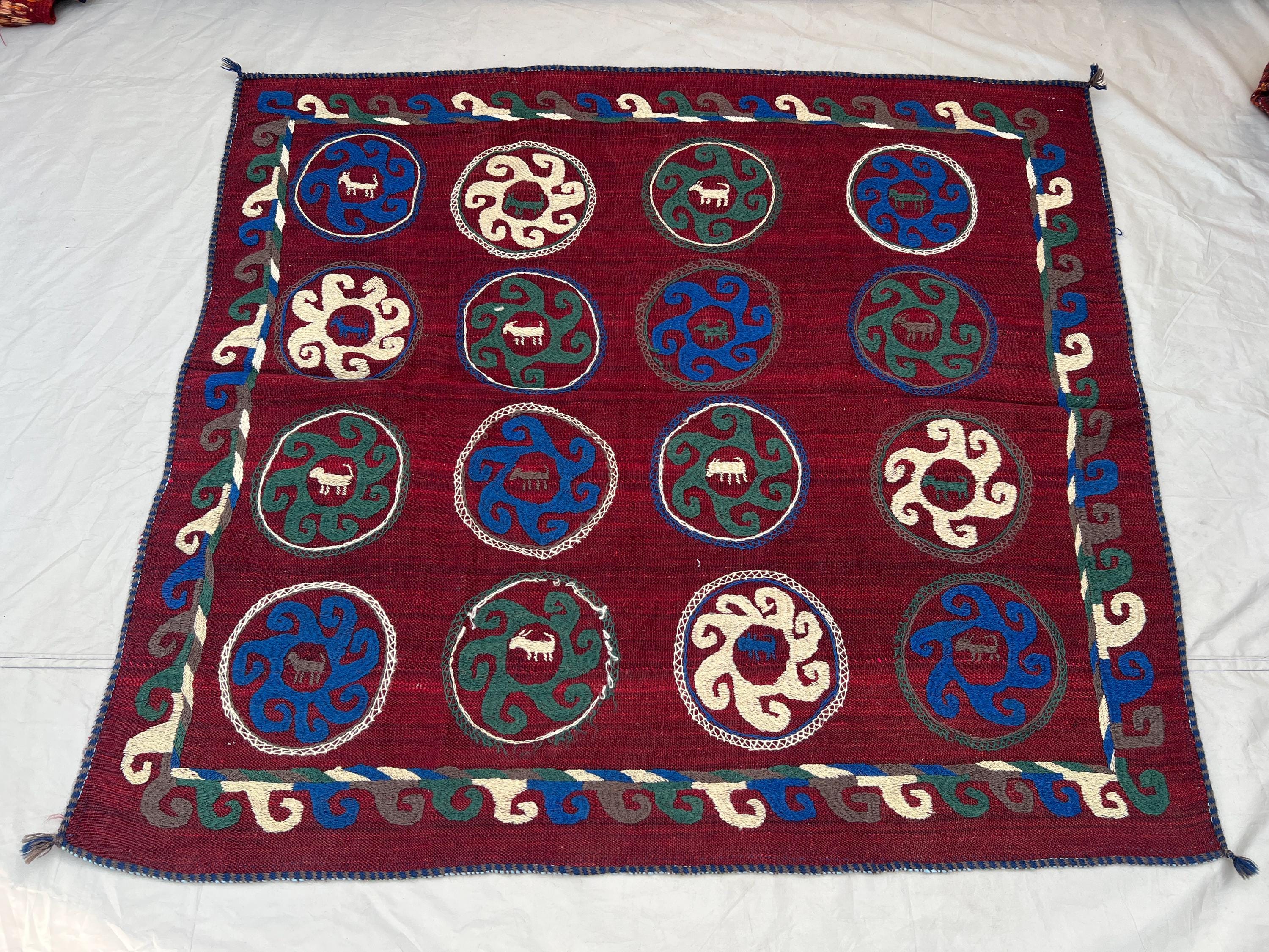 5'3x5'4 Vintage Central Asian Flat Woven Wool Kilim Bold Red All Over Circular Medallion Pinwheel Grid Greek Key Boho Living Room Carpet