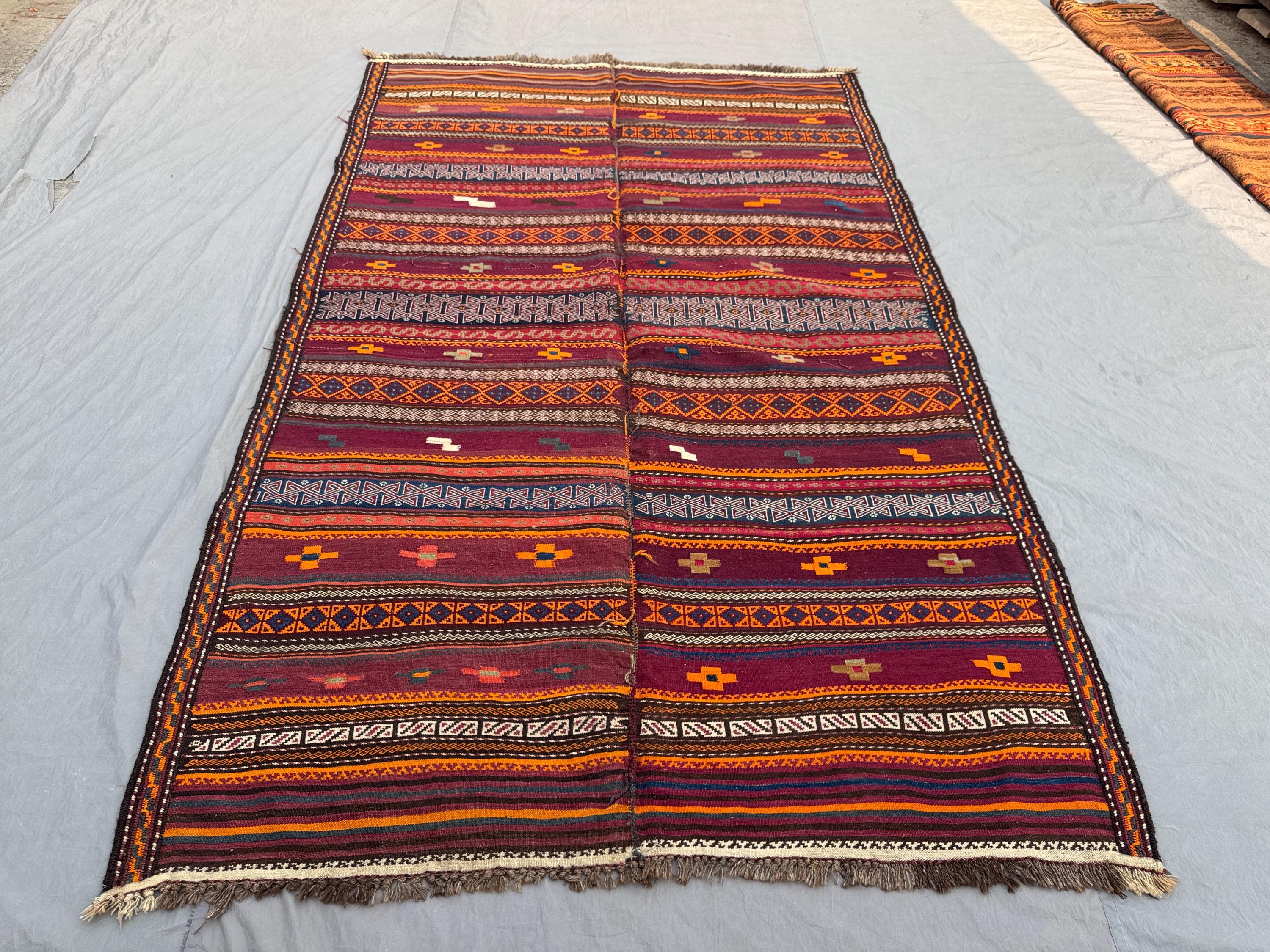 5'10 x 9'7 ft Antique Afghan Baluchi Kilim Area Rug Flat Weave 100% Wool One Of A Kind Nomadic Geometric Living Room Rug