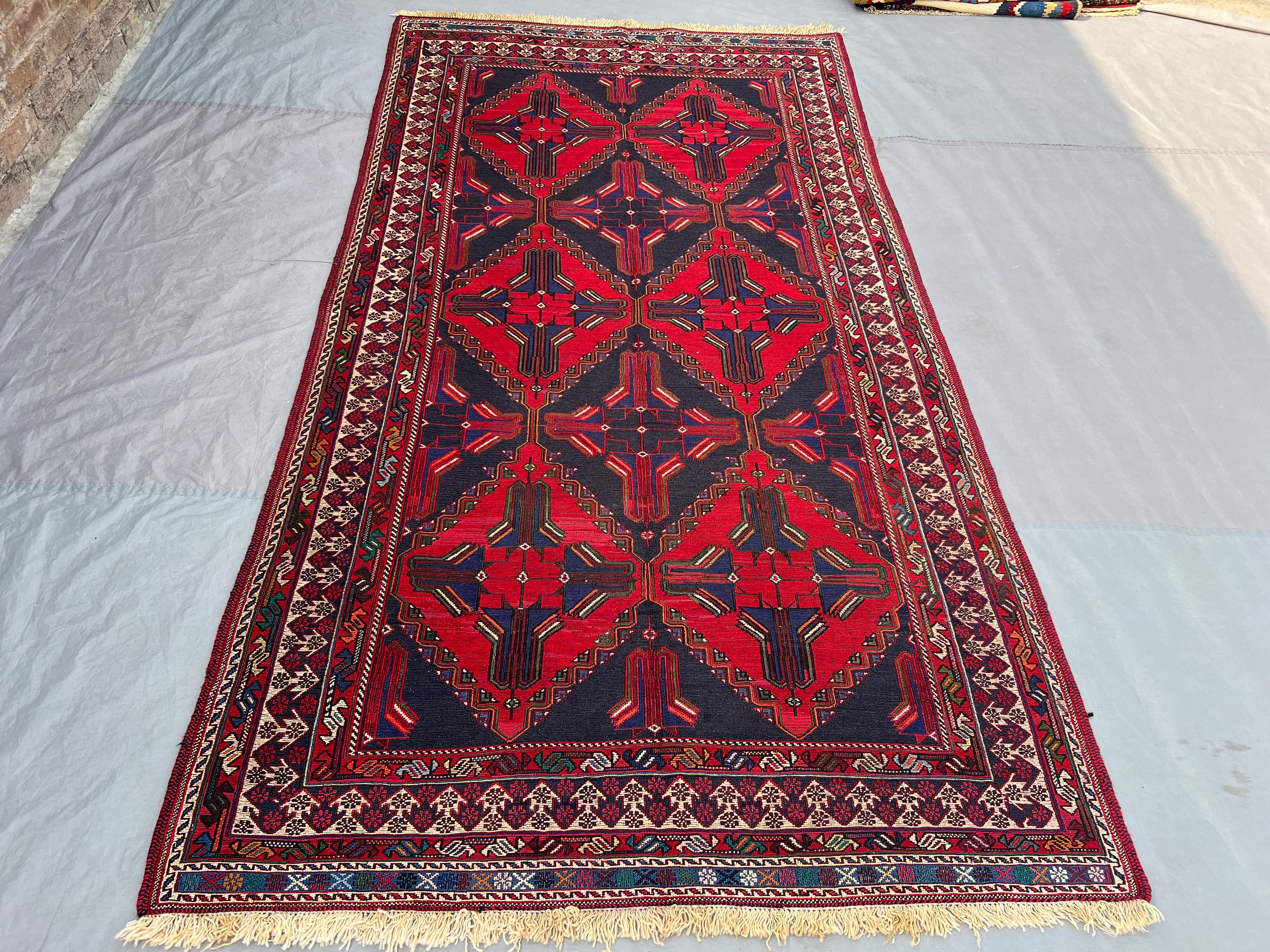 4'10x9'3 Ft Vintage Afghan Turkmen Ersari Handknotted Pile Rug, All-Over Diamond Gul Red Navy Wool | Living Ro