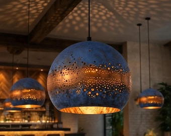 Blue Patina Copper Dome Pendant, Perforated Moroccan Hanging Light for Dining Room or Kitchen Island, Made to Order