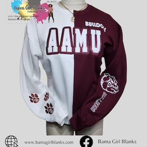 May include: A white and maroon split-color sweatshirt with the words "AAMU" and "BULLDOGS" on the front. The sleeves have a maroon paw print design.