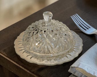 Anchor Hocking clear glass butter dish featuring the "Prescut" or "Pineapple" design