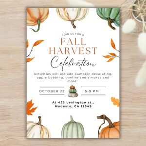 May include: A Fall Harvest Celebration invitation with watercolor pumpkins and fall leaves. The invitation includes the text "Join us for a Fall Harvest Celebration" and details about activities, date, time, and location.