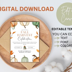 May include: A fall harvest celebration invitation template with watercolor pumpkins and autumn leaves. The invitation is on a wooden plate with an envelope. Text includes "Digital Download" and "Edit in Canva".