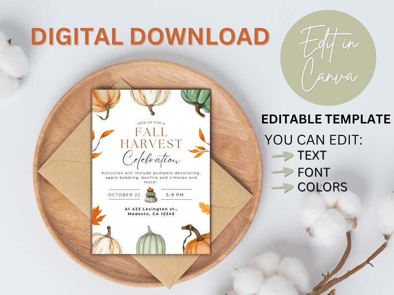May include: A fall harvest celebration invitation template with watercolor pumpkins and autumn leaves. The invitation is on a wooden plate with an envelope. Text includes "Digital Download" and "Edit in Canva".