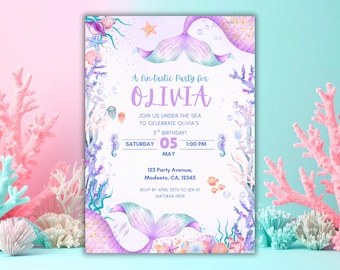 Mermaid Birthday Invitation Template Editable in Canva Under the Sea Birthday Invite