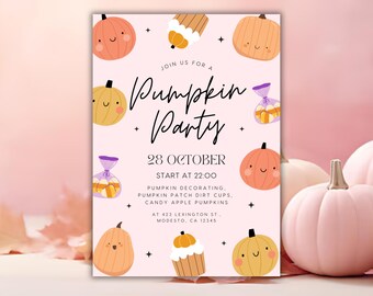 Pink Halloween Pumpkin Party Invitation, Editable Template (Digital Download)