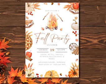 Editable Fall Party Invitation, Autumn Harvest Bonfire Night, Fall Birthday Invite, Digital Download