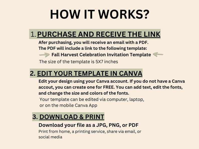 May include: A beige graphic with the text "HOW IT WORKS?" and instructions for a Fall Harvest Celebration Invitation Template. The template is 5x7 inches. Instructions include purchasing, editing in Canva, and downloading as JPG, PNG, or PDF.