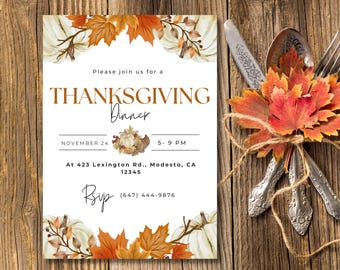 Cornucopia Thanksgiving Dinner Invitation, Fall Leaves (Editable Canva Template)