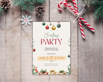 Rustic Christmas Party Invitation Template, Holiday Ornament (Digital Download)