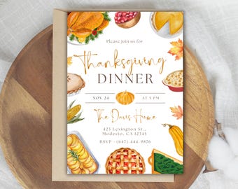 Thanksgiving Dinner Invitation, Festive Foods, Editable Template (Digital Download)