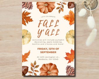 Fall Y'all Party Invitation, Fall Festival Editable Template (Digital Download)