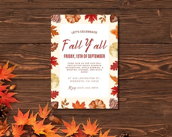 Invitación a la fiesta "Otoño Y'all", plantilla editable (descarga digital)