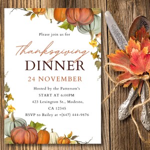 Thanksgiving-Dinner-Einladung, Friendsgiving-Dinner-Einladung, bearbeitbare Thanksgiving-Einladung, druckbare Thanksgiving-Einladung, Kürbisse