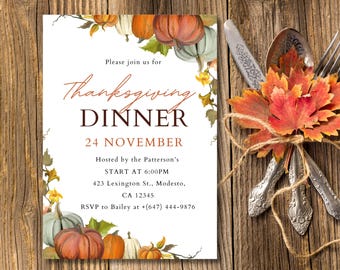 Thanksgiving Dinner Invitation, Pumpkin Design (Editable Template)