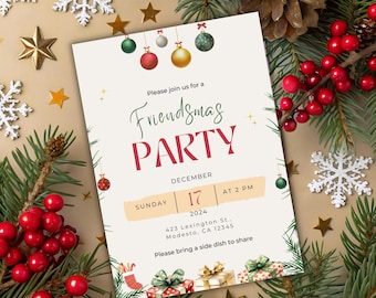 Editable Friendsmas Party Invite, Rustic Christmas Holiday (Digital Download)