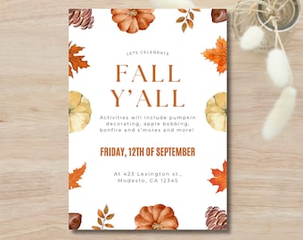 Invitación a la fiesta "Otoño Y'all", plantilla editable para el festival de otoño (descarga digital)